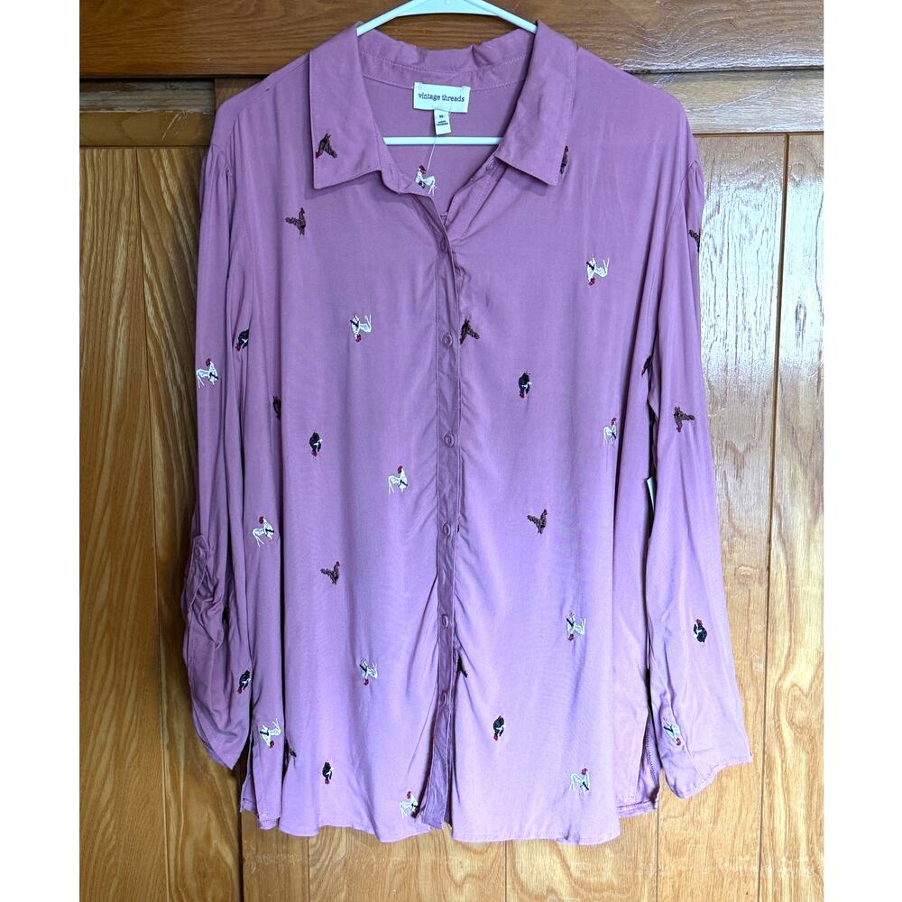 NWT Vintage Threads Mauve Embroidered Chicken Shirt XL